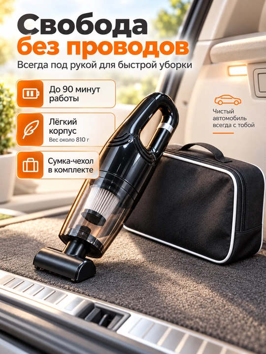 Автомобильный пылесос, пылесос для машины беспроводной, 4 насадки, 2 HEPA-фильтра, 0,35 л