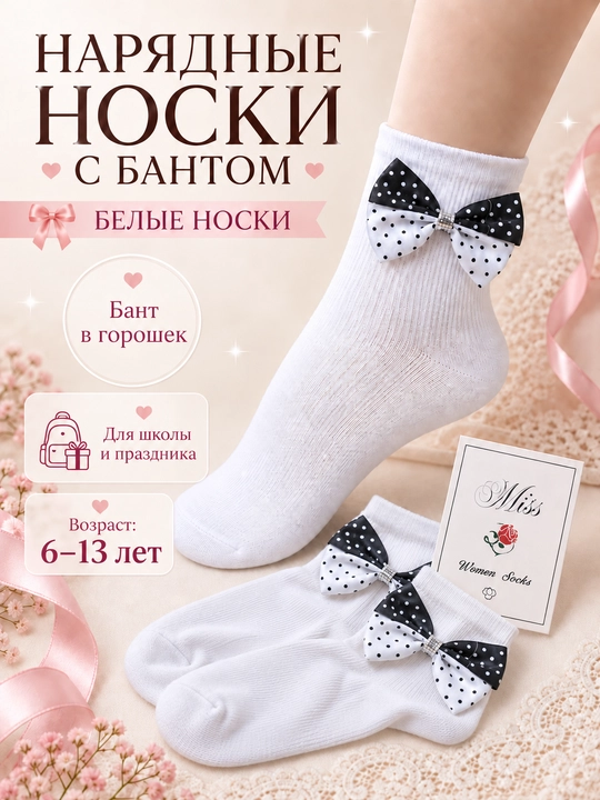 Белые нарядные носки для девочек с кружевом и лентой, 6–13 лет