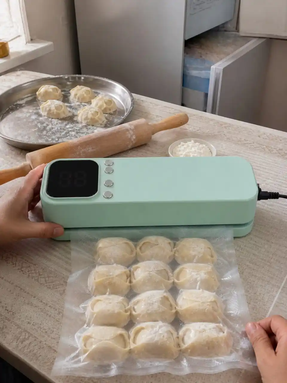 Вакуумный упаковщик для продуктов с цифровым дисплеем, мятный или бежевый