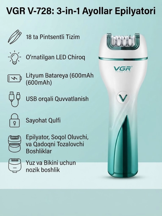 Ayollar uchun 3 ta 1 da VGR epilyatori, ayollar elektr ustarasi, tana uchun trimmer, yoritgichli epilyator - 