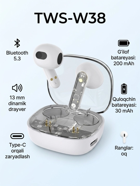 Simsiz quloqchin TWS Bluetooth 5.3, 13 mm, Hi-Fi Stereo, Type-C