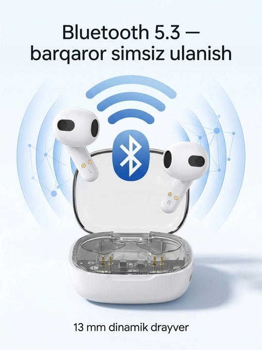 Simsiz quloqchin TWS Bluetooth 5.3, 13 mm, Hi-Fi Stereo, Type-C