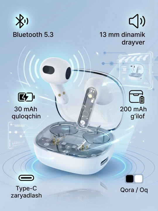Беспроводные наушники TWS Bluetooth 5.3, 13 мм, Hi-Fi Stereo, Type-C - 