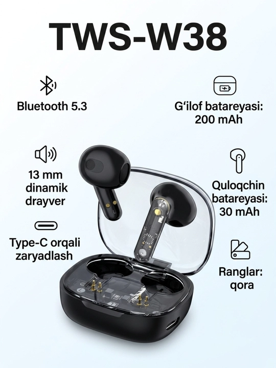 Simsiz quloqchin TWS Bluetooth 5.3, 13 mm, Hi-Fi Stereo, Type-C
