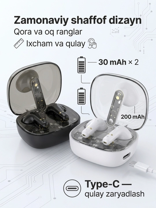 Simsiz quloqchin TWS Bluetooth 5.3, 13 mm, Hi-Fi Stereo, Type-C