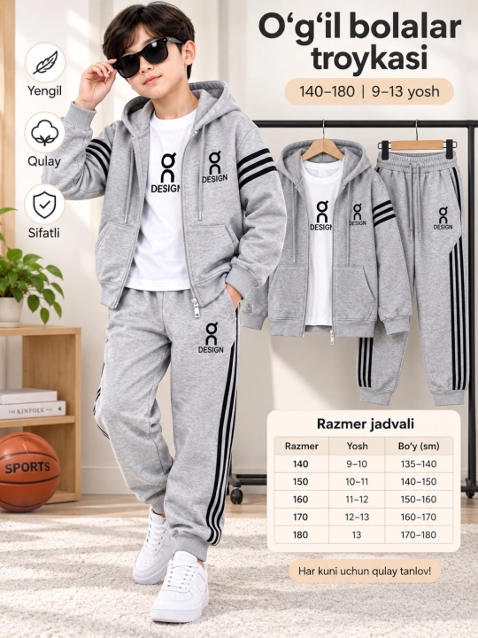 O‘g‘il bolalar uchun 3 qismli sport kostyumi - 