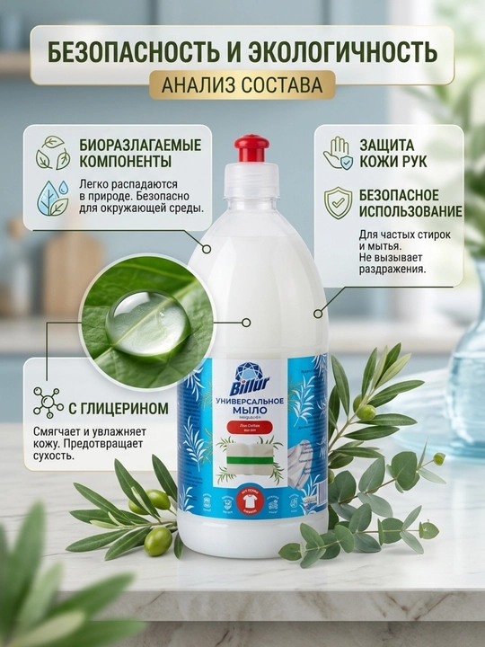 Billur 3 tasi 1 da universal suyuq sovuni, tozalash, kir va idish yuvish uchun, 1000 ml