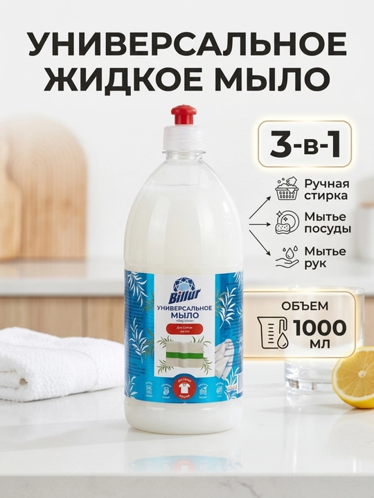Универсальное жидкое мыло Billur 3 в 1, для стирки, посуды и уборки, 1000 мл - 
