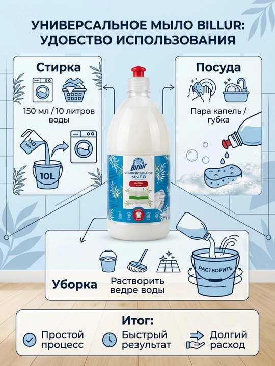 Billur 3 tasi 1 da universal suyuq sovuni, tozalash, kir va idish yuvish uchun, 1000 ml