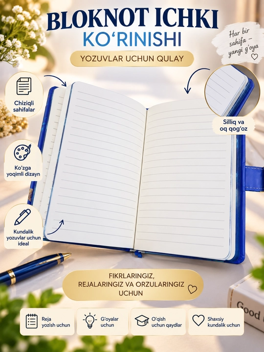 Bloknot kundalik daftar, dizaynli shaxsiy kundalik, yozuvlar va eslatmalar uchun