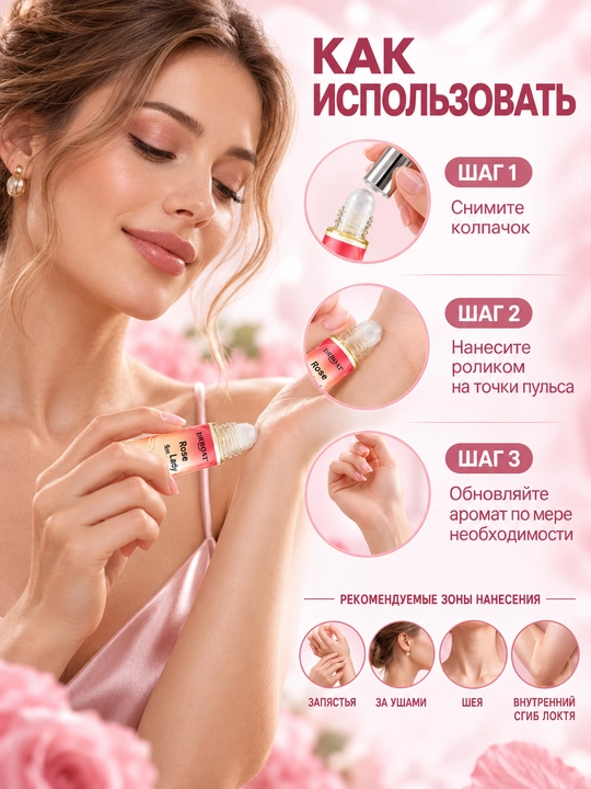 Ayollar uchun atirgul va pion hidli moyli atir (Maslyanye duhi, feromon), 10 ml