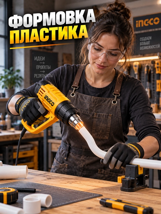Строительный фен INGCO 2000 Вт, до 600°C, 3 режима, регулировка температуры