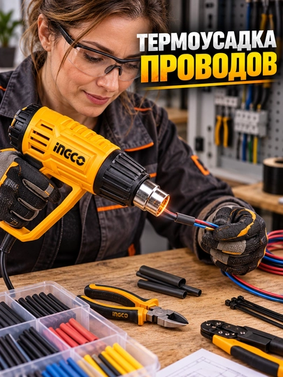 Строительный фен INGCO 2000 Вт, до 600°C, 3 режима, регулировка температуры