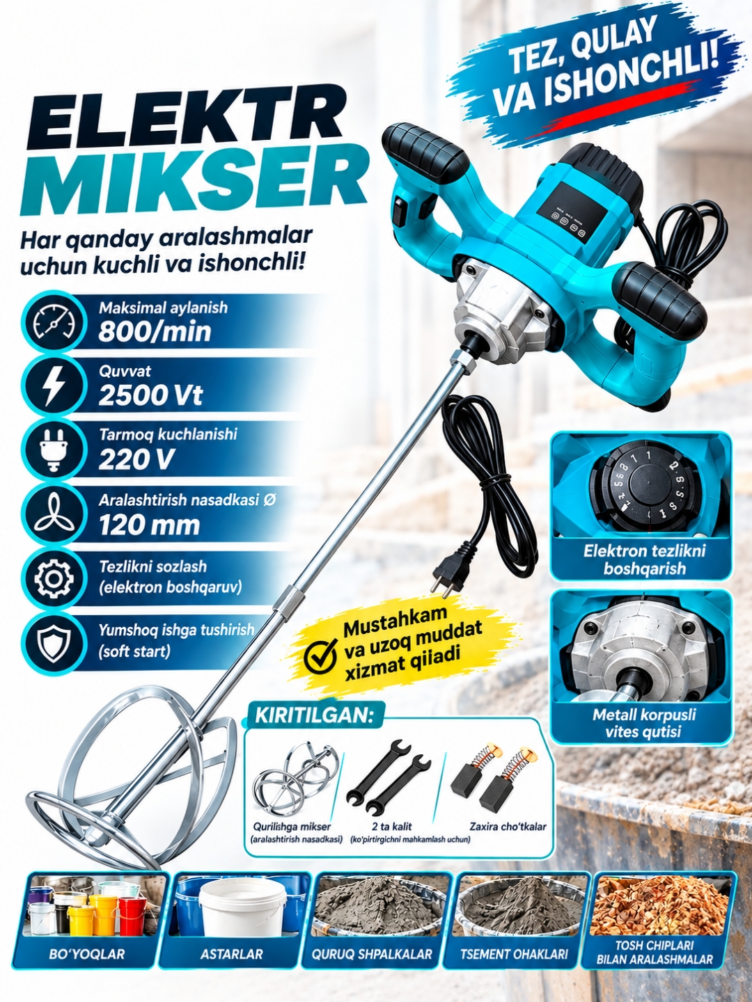Qurilish elektr mikser, quvvati 2500 Vt, 6 tezlikda ishlaydigan, mikser - 