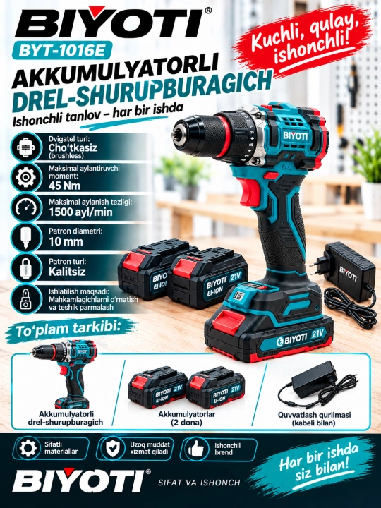 Akkumulyatorlik drel shurupovert, chotkasiz shurupovert, Akkumulyatorlik drel - 