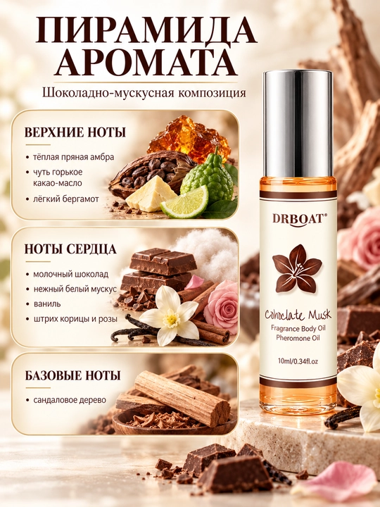 Ayollar uchun shokolad va muskusli moyli atir (Maslyanye duhi, feromon), 10 ml