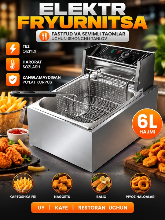 Elektr fryurnitsa 6 L, savatli, termostatli, kartoshka fri va fastfud uchun - 