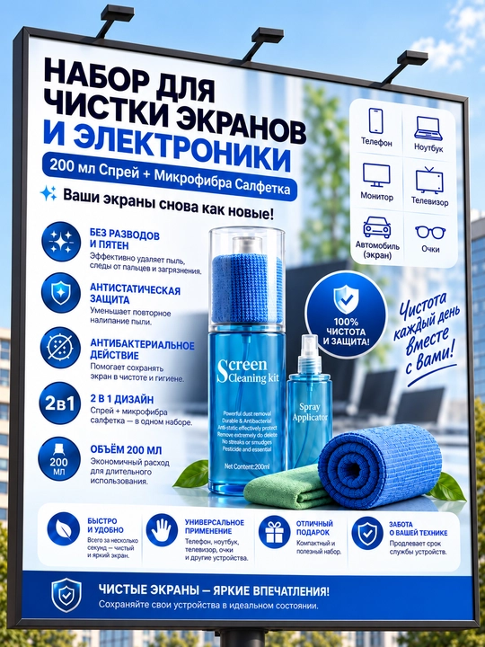 Набор для очистки экрана телефона, ноутбука, планшета и очков + дополнительная салфетка