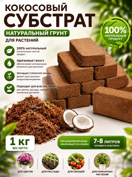 Kokos substrati 1 kg - o‘simliklar, ko‘chatlar, gullar va sabzavotlar uchun tabiiy tuproq