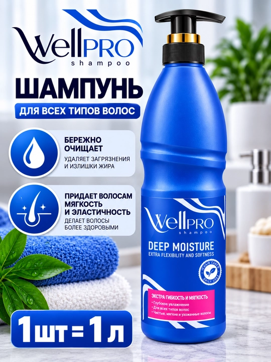 WellPRO shampuni sochlarni kundalik parvarish qilish uchun mo‘ljallangan, 1 L - 