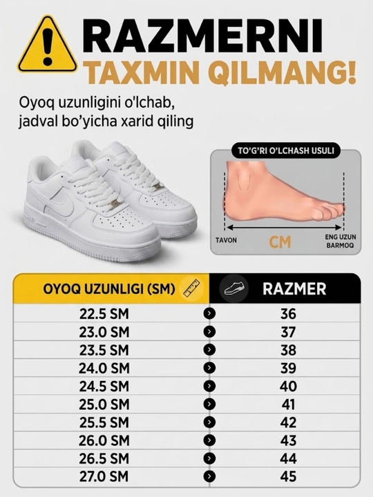 Erkaklar, ayollar va o‘smirlar uchun sport krossovkalari Air Force 1, o'lchami 36-44