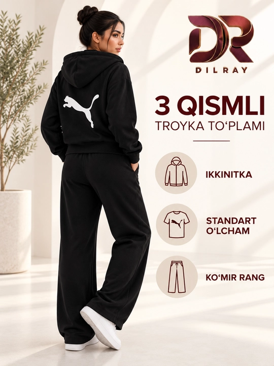 Ayollar uchun uch qismli sport kostyumi, kapyushonli kofta, futbolka va shim