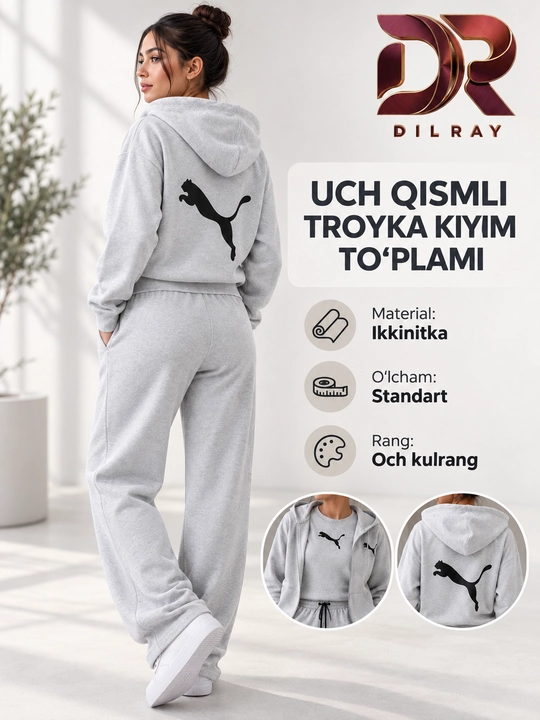 Ayollar uchun uch qismli sport kostyumi, kapyushonli kofta, futbolka va shim