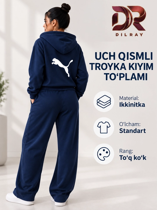 Ayollar uchun uch qismli sport kostyumi, kapyushonli kofta, futbolka va shim