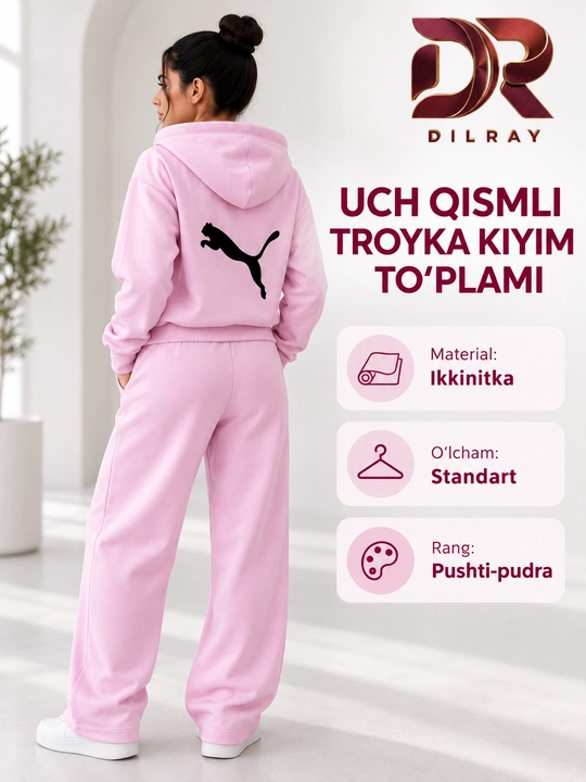 Ayollar uchun uch qismli sport kostyumi, kapyushonli kofta, futbolka va shim