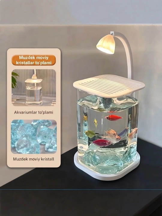 Mini akvarium, Stol usti mini akvariumi, LED yoritgich, moviy kristallar bilan, AquaGlow