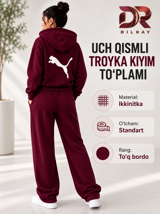 Ayollar uchun uch qismli sport kostyumi, kapyushonli kofta, futbolka va shim