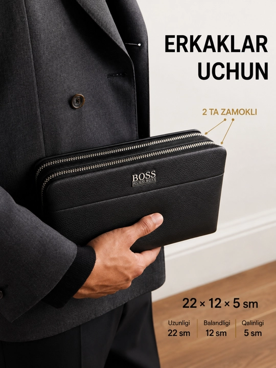 BOSS yozuvli erkaklar qora klatch-hamyon, 2 fermuarli tasmamasi, 22×12×5 sm