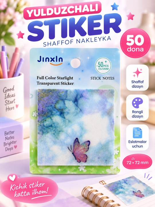 Shaffof dekorativ stikerlar, 50 dona, 10 ta dizayn, 72×72 mm - 