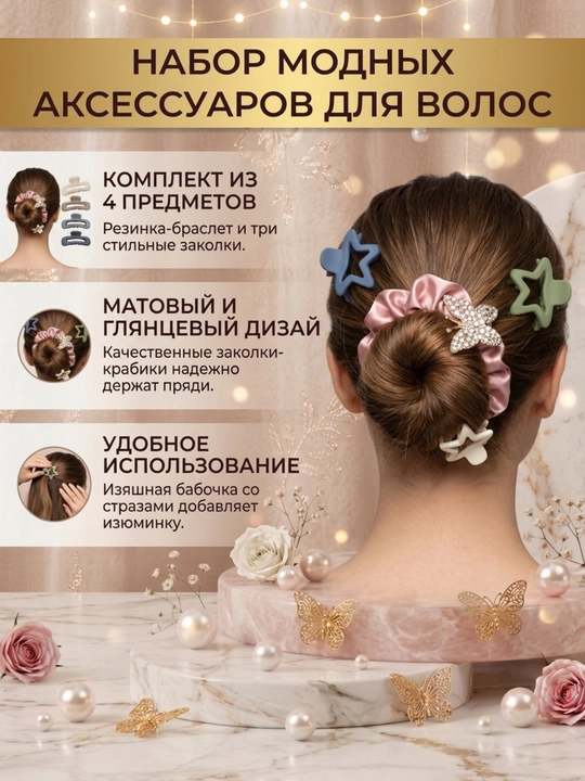 Набор для волос: заколки-крабики и резинка с бабочкой, цветы, 4 шт