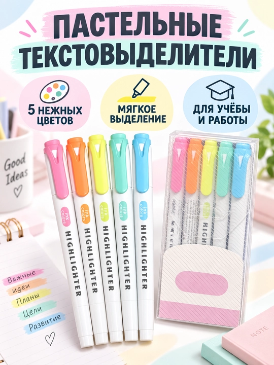 Текстовыделители, двусторонние, набор из 5 цветов - 