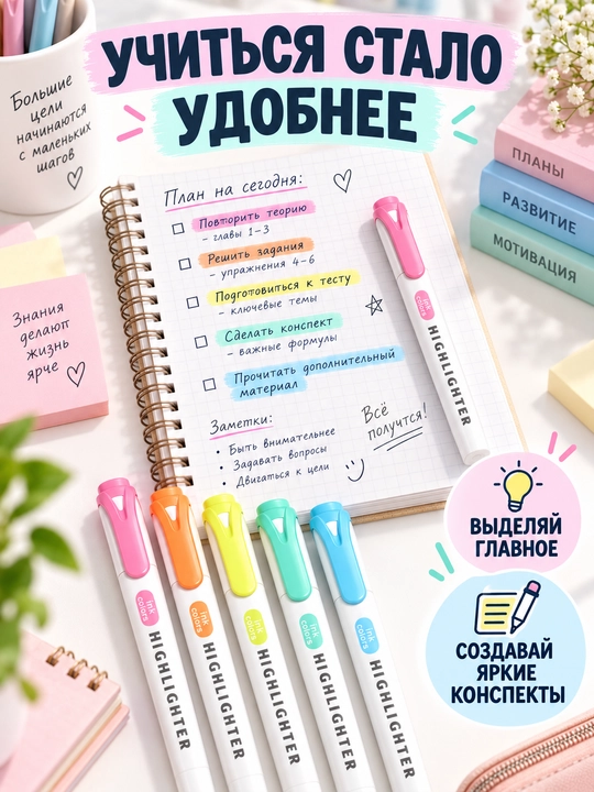 Matn ajratgich markerlar, ikki tomonlama, 5 xil rangli to‘plam