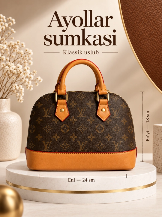 Ayollar uchun tabiiy charm sumka, qo‘l dastali, fermuarli, 24×18 sm