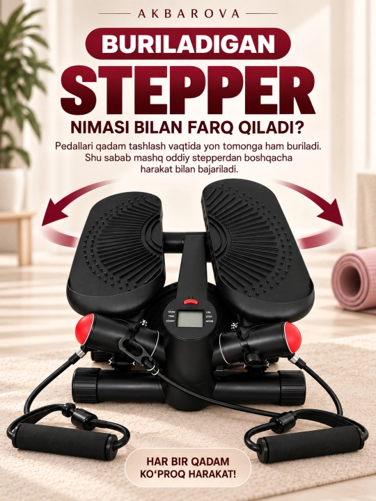 Buriladigan stepper AKBAROVA espander va displey bilan, uy mashqlari uchun