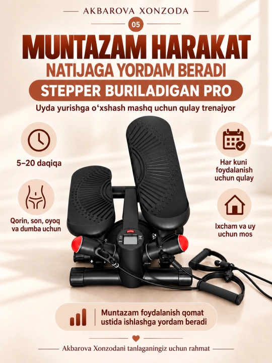 Buriladigan stepper AKBAROVA espander va displey bilan, uy mashqlari uchun