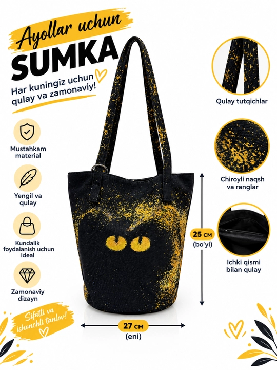 Ayollar uchun yelka sumkasi, qora va sariq pripyl naqshli, zamonaviy shopper - 