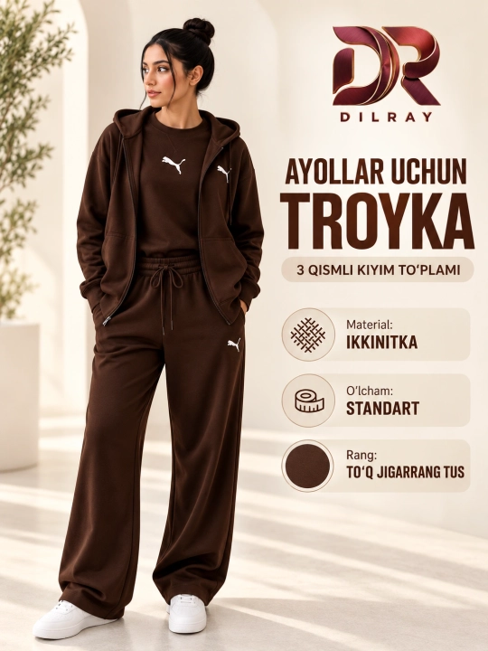 Ayollar uchun uch qismli sport kostyumi, kapyushonli kofta, futbolka va shim