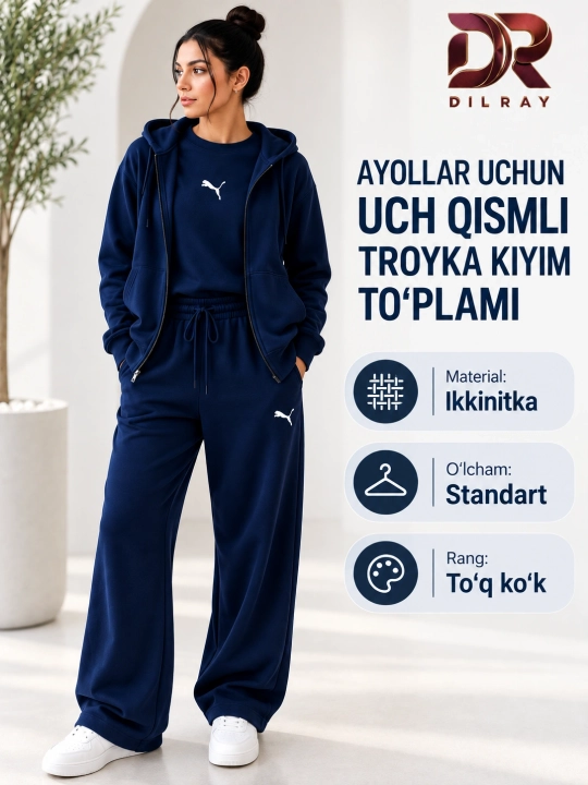 Ayollar uchun uch qismli sport kostyumi, kapyushonli kofta, futbolka va shim