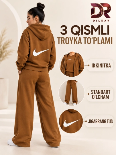 Ayollar uchun uch qismli sport kostyumi, kapyushonli kofta, futbolka va shim