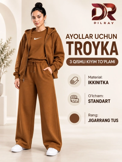 Ayollar uchun uch qismli sport kostyumi, kapyushonli kofta, futbolka va shim