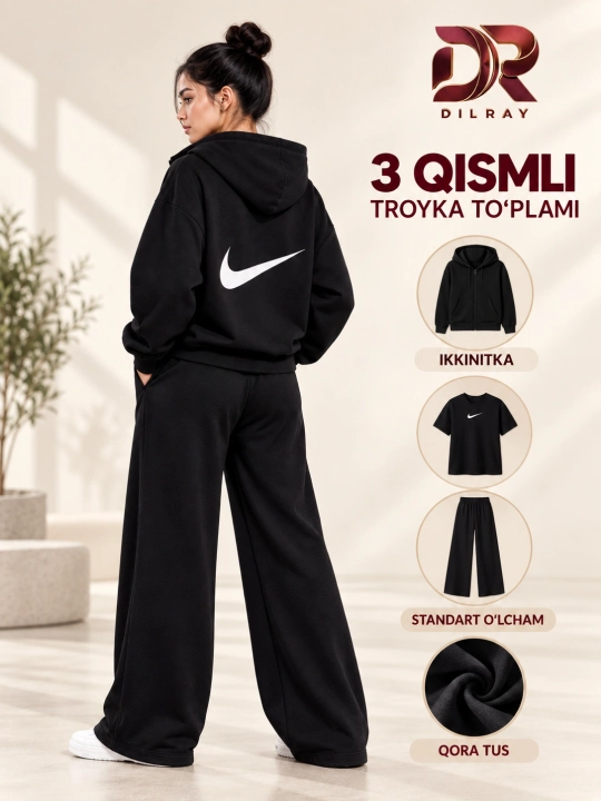 Ayollar uchun uch qismli sport kostyumi, kapyushonli kofta, futbolka va shim