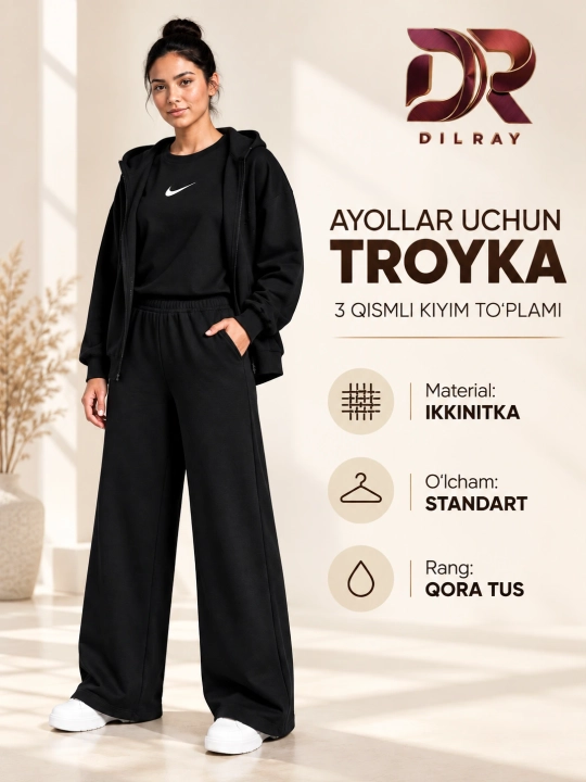 Ayollar uchun uch qismli sport kostyumi, kapyushonli kofta, futbolka va shim