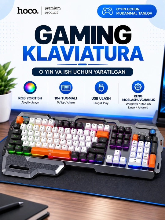 Simli va RGB  chiroqli Hoco o'yin klaviaturasi - 