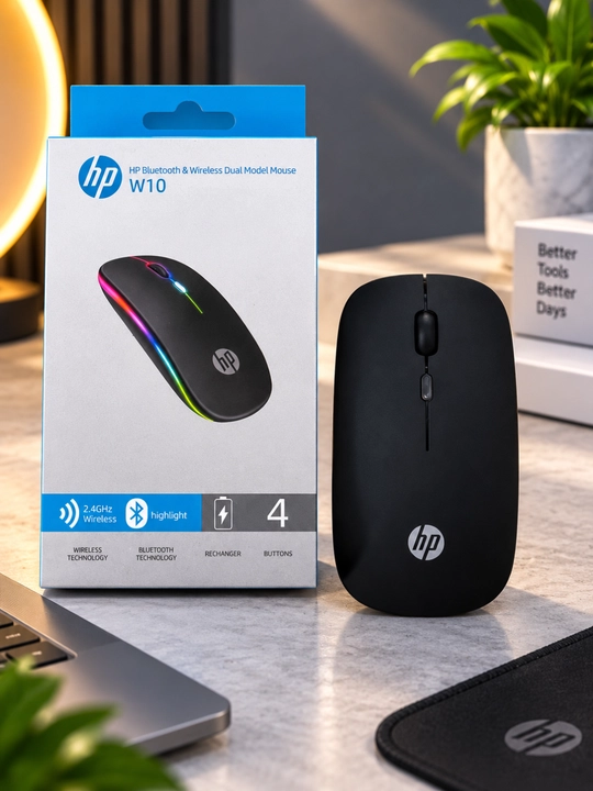 HP W10 simsiz sichqoncha, RGB yoritish, 2.4 GHz, 800–1600 DPI, akkumulyatorli