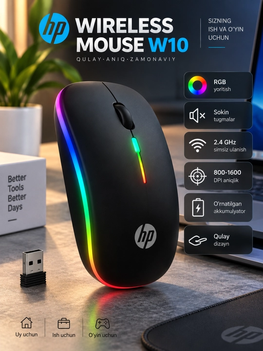 HP W10 simsiz sichqoncha, RGB yoritish, 2.4 GHz, 800–1600 DPI, akkumulyatorli - 