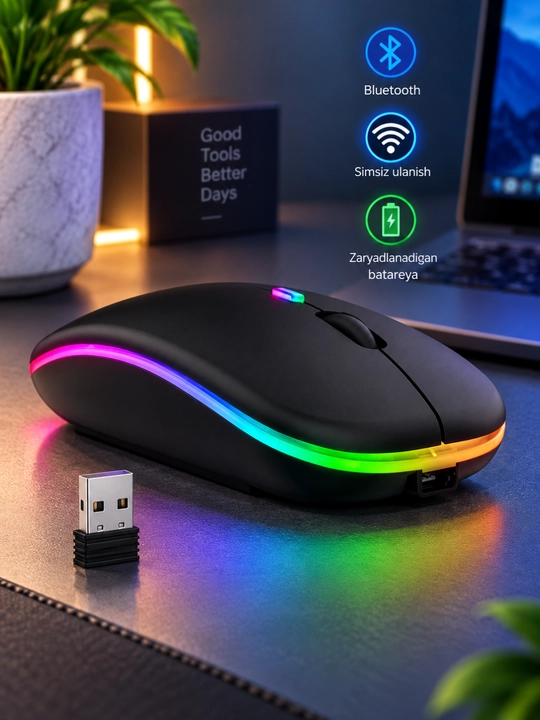 HP W10 simsiz sichqoncha, RGB yoritish, 2.4 GHz, 800–1600 DPI, akkumulyatorli